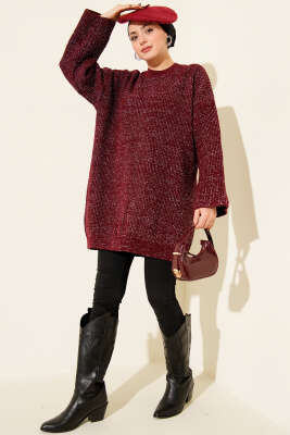 Salaş Bisiklet Yaka Simli Triko Tunik Bordo - Tunik