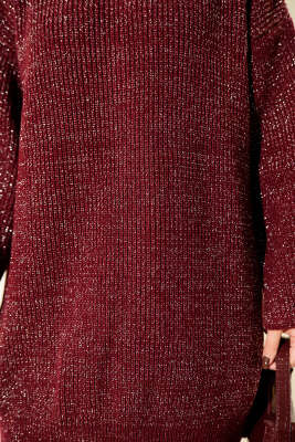 Salaş Bisiklet Yaka Simli Triko Tunik Bordo - Tunik