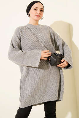 Salaş Bisiklet Yaka Simli Triko Tunik Gri - RAFİMİX