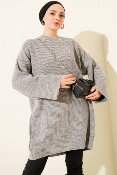 Salaş Bisiklet Yaka Simli Triko Tunik Gri - Tunik