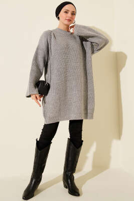 Salaş Bisiklet Yaka Simli Triko Tunik Gri - Tunik