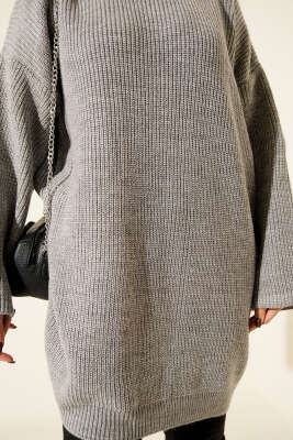 Salaş Bisiklet Yaka Simli Triko Tunik Gri - Tunik