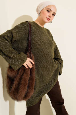 Salaş Bisiklet Yaka Simli Triko Tunik Haki - RAFİMİX