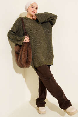 Salaş Bisiklet Yaka Simli Triko Tunik Haki - Tunik