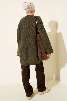 Salaş Bisiklet Yaka Simli Triko Tunik Haki - Tunik