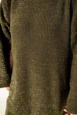 Salaş Bisiklet Yaka Simli Triko Tunik Haki - Tunik