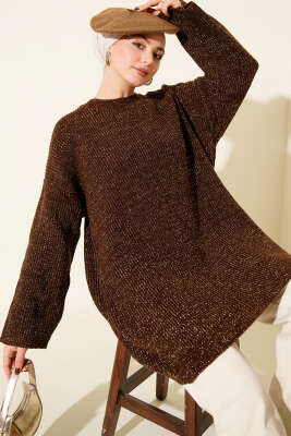 Salaş Bisiklet Yaka Simli Triko Tunik Kahve - RAFİMİX