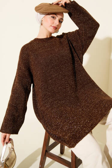 Salaş Bisiklet Yaka Simli Triko Tunik Kahve - Tunik