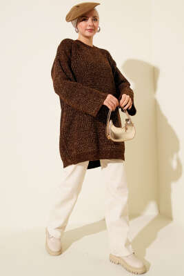 Salaş Bisiklet Yaka Simli Triko Tunik Kahve - Tunik