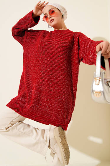 Salaş Bisiklet Yaka Simli Triko Tunik Kırmızı - Tunik