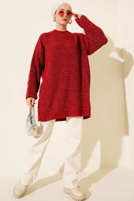Salaş Bisiklet Yaka Simli Triko Tunik Kırmızı - Tunik