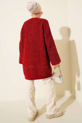 Salaş Bisiklet Yaka Simli Triko Tunik Kırmızı - Tunik