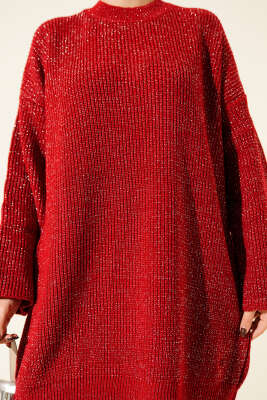 Salaş Bisiklet Yaka Simli Triko Tunik Kırmızı - Tunik