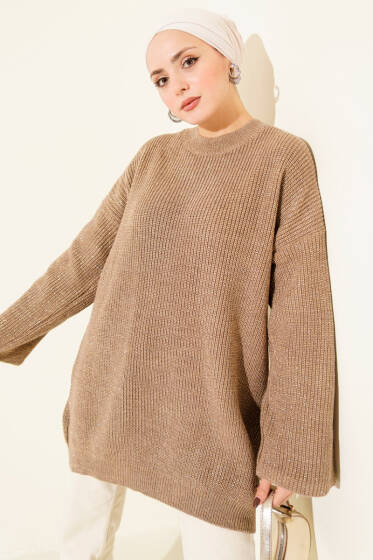 Salaş Bisiklet Yaka Simli Triko Tunik Latte - Tunik