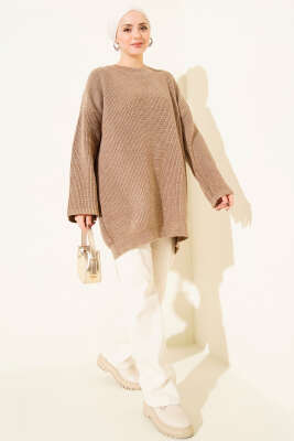 Salaş Bisiklet Yaka Simli Triko Tunik Latte - Tunik