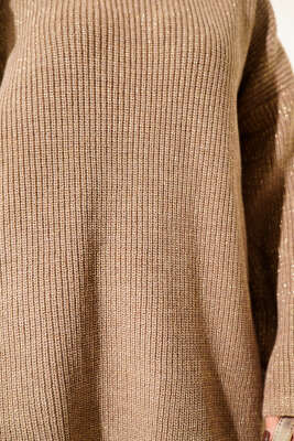 Salaş Bisiklet Yaka Simli Triko Tunik Latte - Tunik