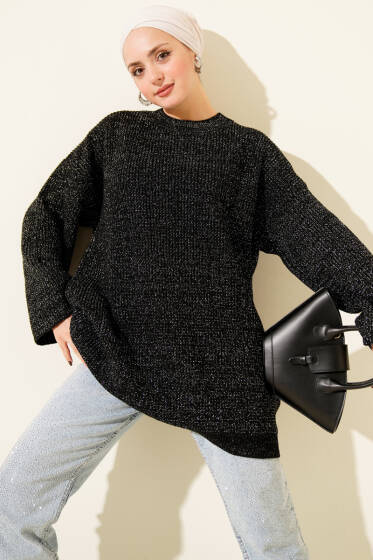 Salaş Bisiklet Yaka Simli Triko Tunik Siyah - Tunik