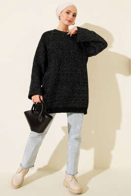 Salaş Bisiklet Yaka Simli Triko Tunik Siyah - Tunik