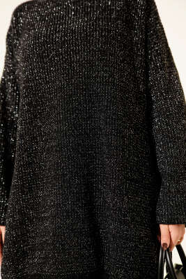 Salaş Bisiklet Yaka Simli Triko Tunik Siyah - Tunik