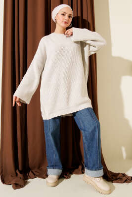 Salaş Bisiklet Yaka Simli Triko Tunik Taş - Tunik