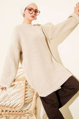 Salaş Bisiklet Yaka Simli Triko Tunik Bej - RAFİMİX