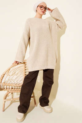 Salaş Bisiklet Yaka Simli Triko Tunik Bej - Tunik