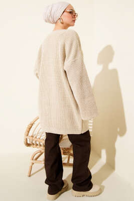 Salaş Bisiklet Yaka Simli Triko Tunik Bej - Tunik