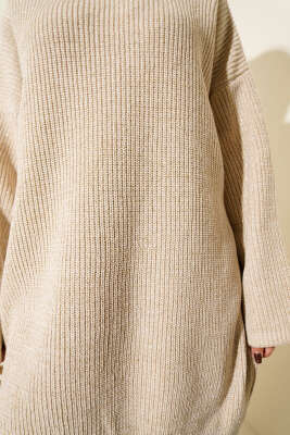 Salaş Bisiklet Yaka Simli Triko Tunik Bej - Tunik