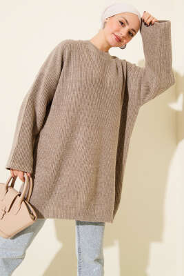 Salaş Bisiklet Yaka Simli Triko Tunik Vizon - RAFİMİX