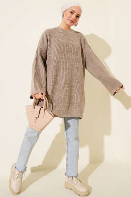 Salaş Bisiklet Yaka Simli Triko Tunik Vizon - Tunik