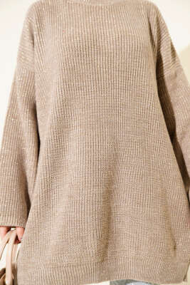 Salaş Bisiklet Yaka Simli Triko Tunik Vizon - Tunik