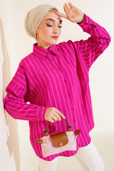 Salaş Çizgili Gömlek Fuşya - Gömlek