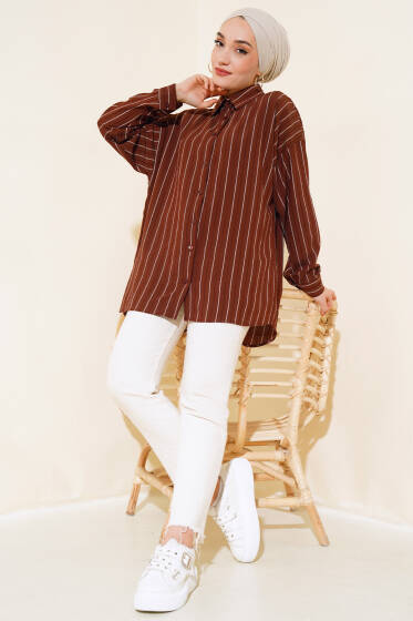Salaş Çizgili Gömlek Kahve - Gömlek