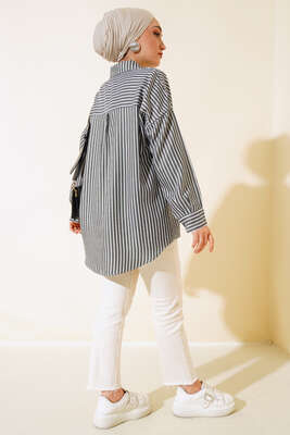 Salaş Dik Çizgili Gömlek Siyah - Yılın Fırsatı