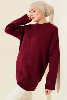 Salaş Düşük Omuz Triko Tunik Bordo - HBS