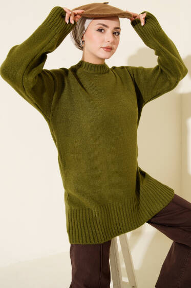 Salaş Düşük Omuz Triko Tunik Haki - Tunik