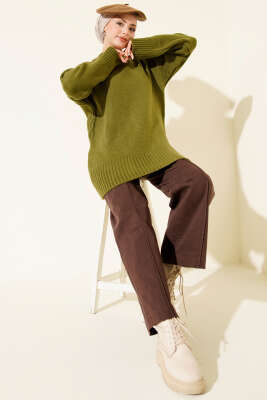 Salaş Düşük Omuz Triko Tunik Haki - Tunik