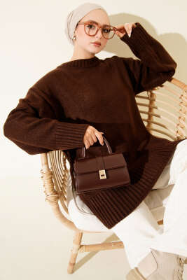 Salaş Düşük Omuz Triko Tunik Kahve - HBS