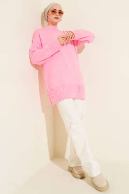 Salaş Düşük Omuz Triko Tunik Pembe - Tunik