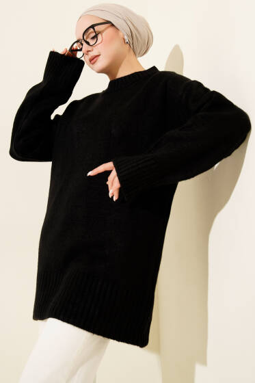 Salaş Düşük Omuz Triko Tunik Siyah - Tunik