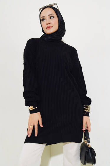 Salaş Fitilli Triko Tunik Siyah - Triko