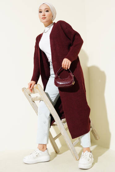Salaş Fitilli Uzun Hırka Bordo - Hırka