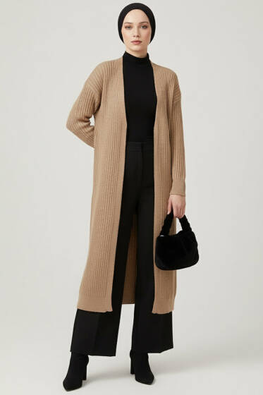 Salaş Fitilli Uzun Hırka Latte - Hırka