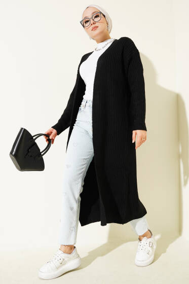 Salaş Fitilli Uzun Hırka Siyah - Hırka