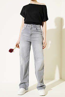 Salaş Geniş Paçalı Kot Palazzo Pantolon Gri - ZARX JNS