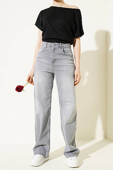 Salaş Geniş Paçalı Kot Palazzo Pantolon Gri - Kadın Giyim Modelleri