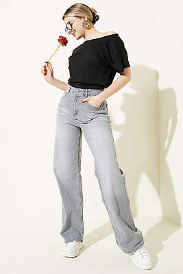 Salaş Geniş Paçalı Kot Palazzo Pantolon Gri - Kadın Giyim Modelleri