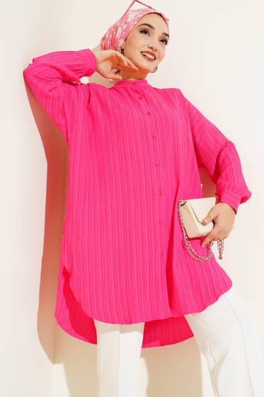 Salaş Hakim Yaka Önü Düğmeli Tunik Fusya - Tunik