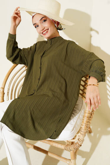 Salaş Hakim Yaka Önü Düğmeli Tunik Haki - Tunik