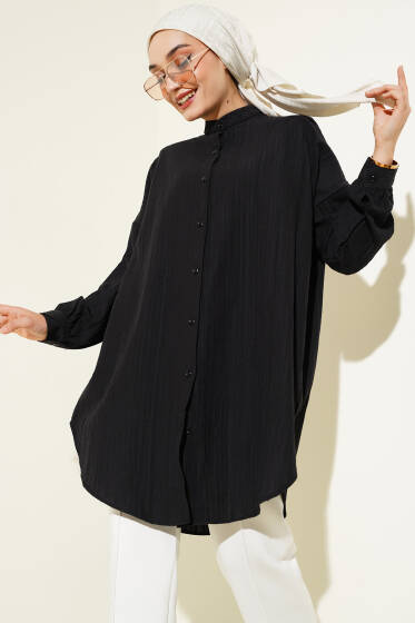 Salaş Hakim Yaka Önü Düğmeli Tunik Siyah - Tunik